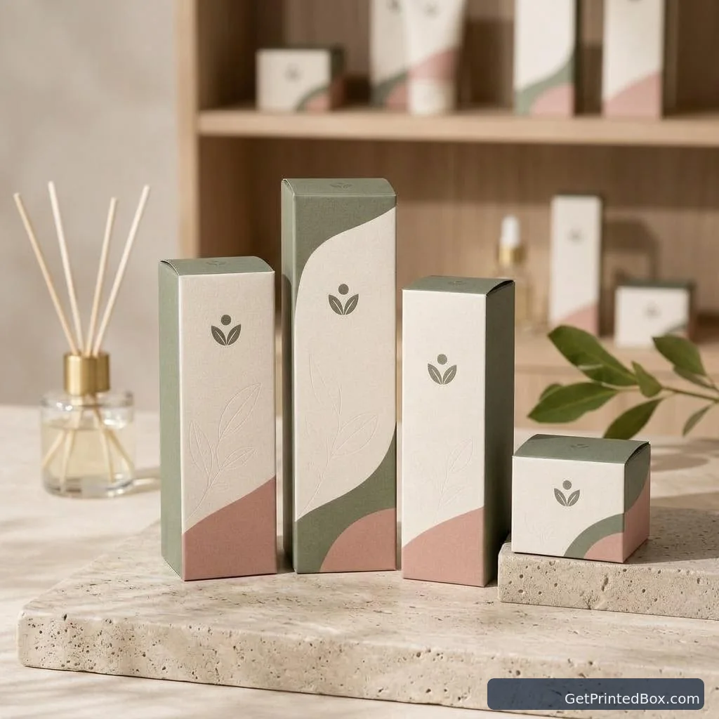 Botanical Skincare Carton Collection — printed packaging displayed in a client-style setting