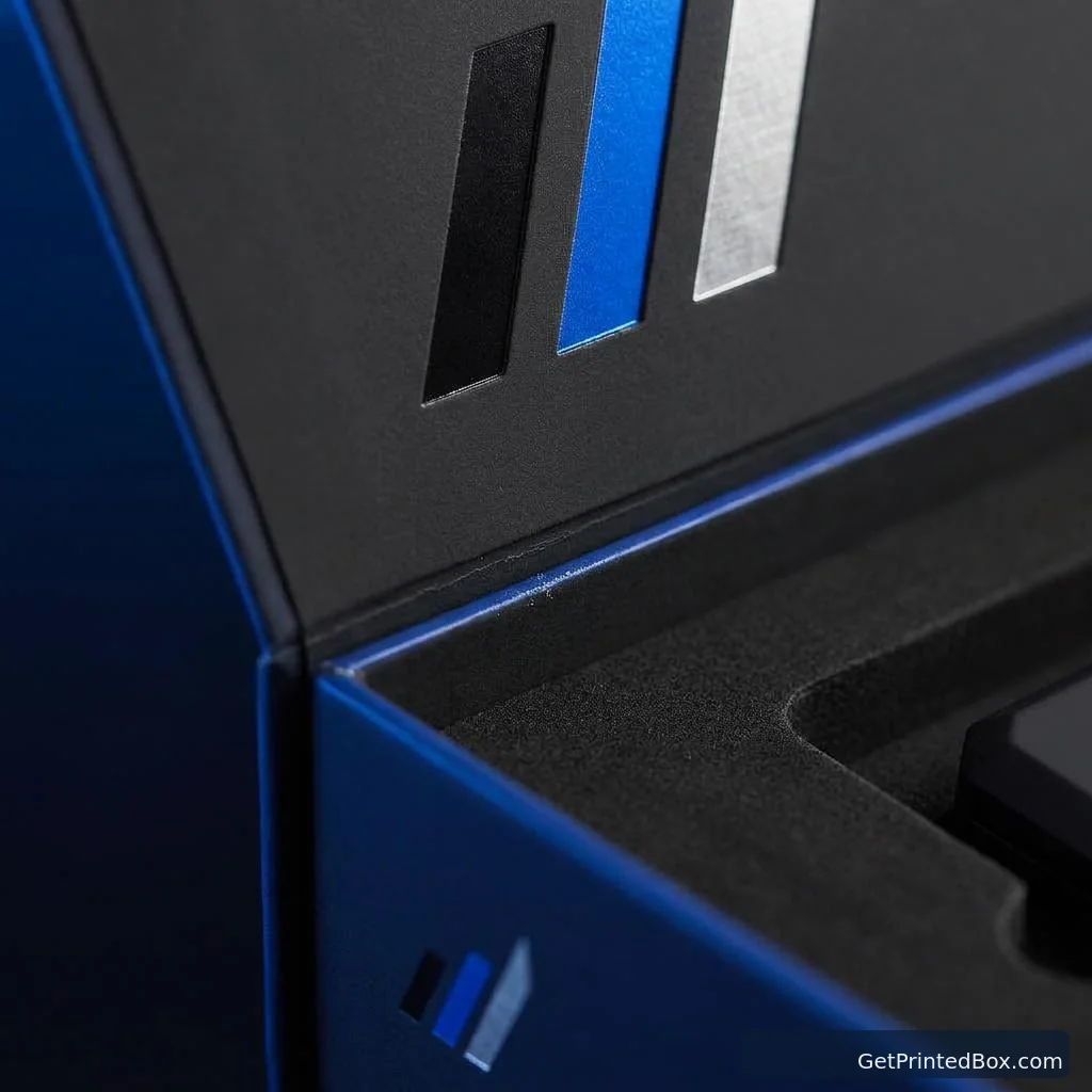 Premium Tech Launch Presentation Box — close-up of the logo mark, board texture, and print finish